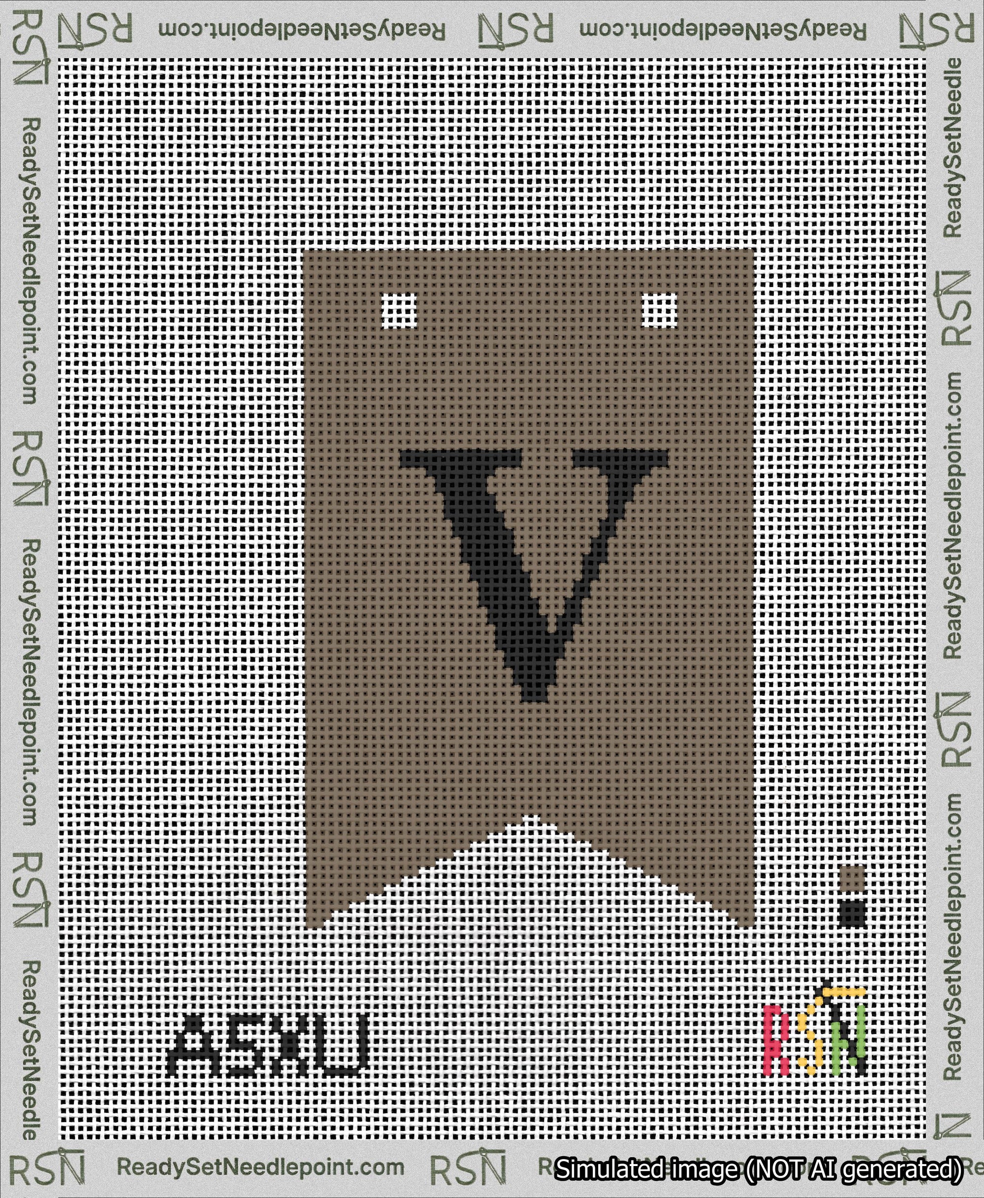 A taped needlepoint canvas with the design: Banner 13 mesh count Forked V Black on Brown.