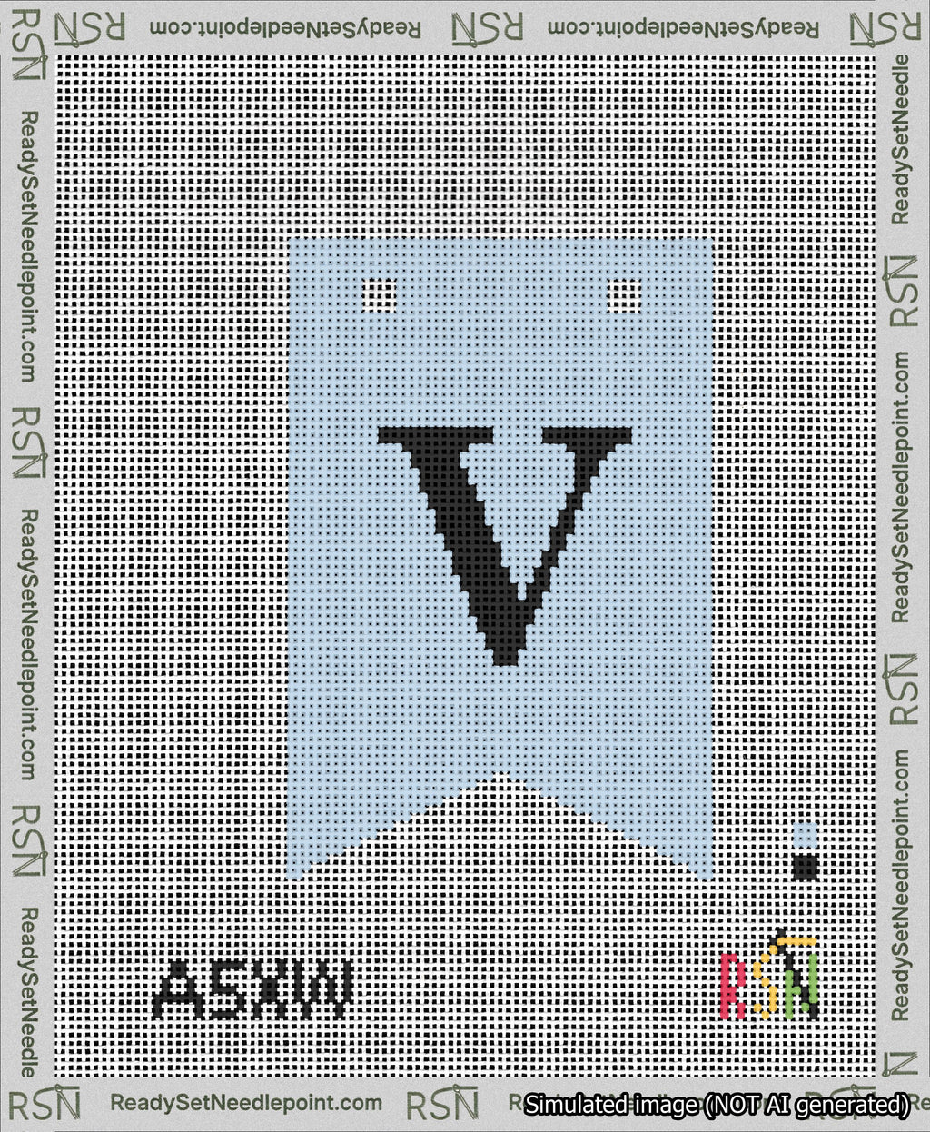 A taped needlepoint canvas with the design: Banner 13 mesh count Forked V Black on Light Blue.