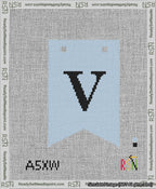 A taped needlepoint canvas with the design: Banner 13 mesh count Forked V Black on Light Blue.