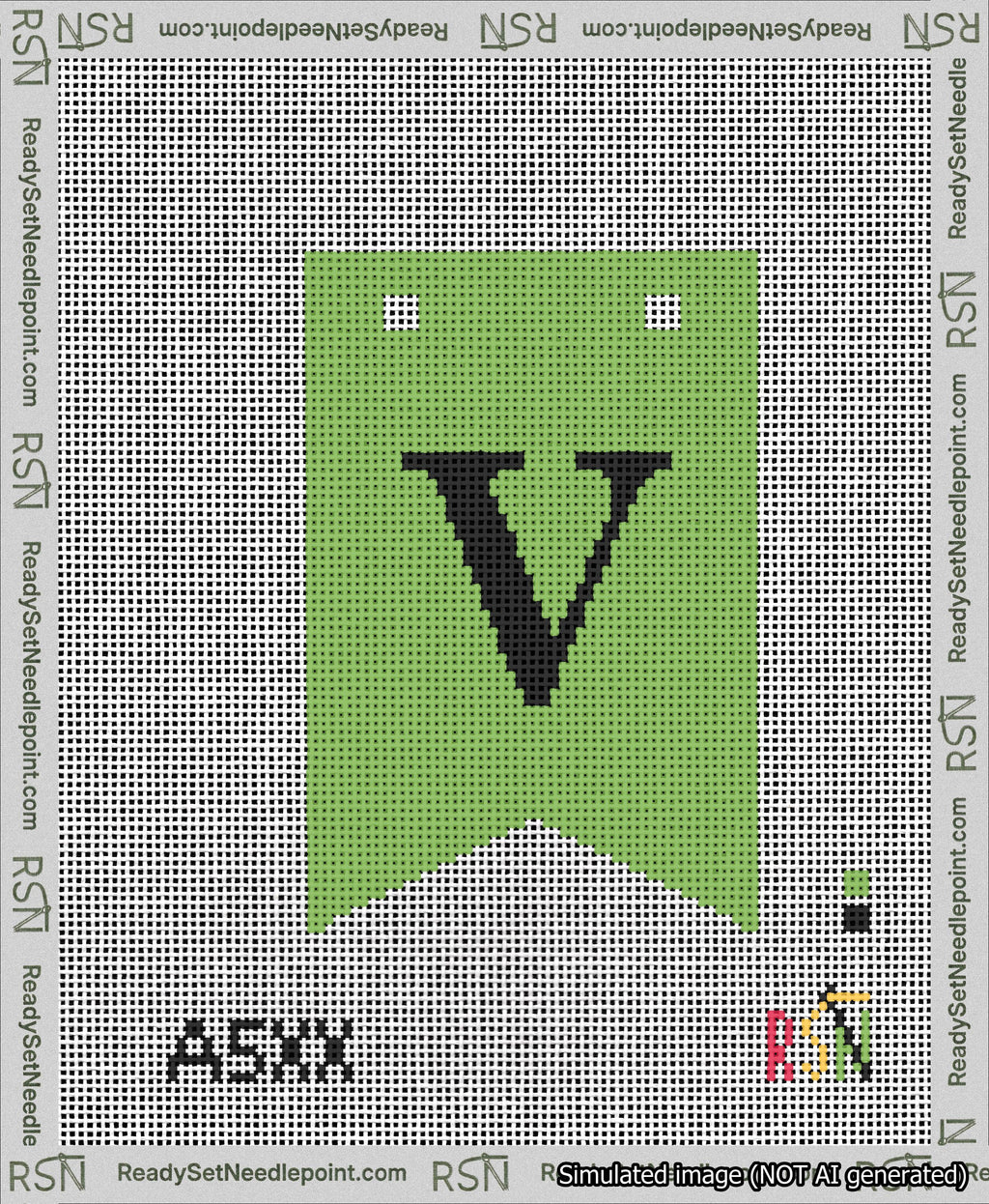 A taped needlepoint canvas with the design: Banner 13 mesh count Forked V Black on Light Green.