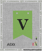 A taped needlepoint canvas with the design: Banner 13 mesh count Forked V Black on Light Green.