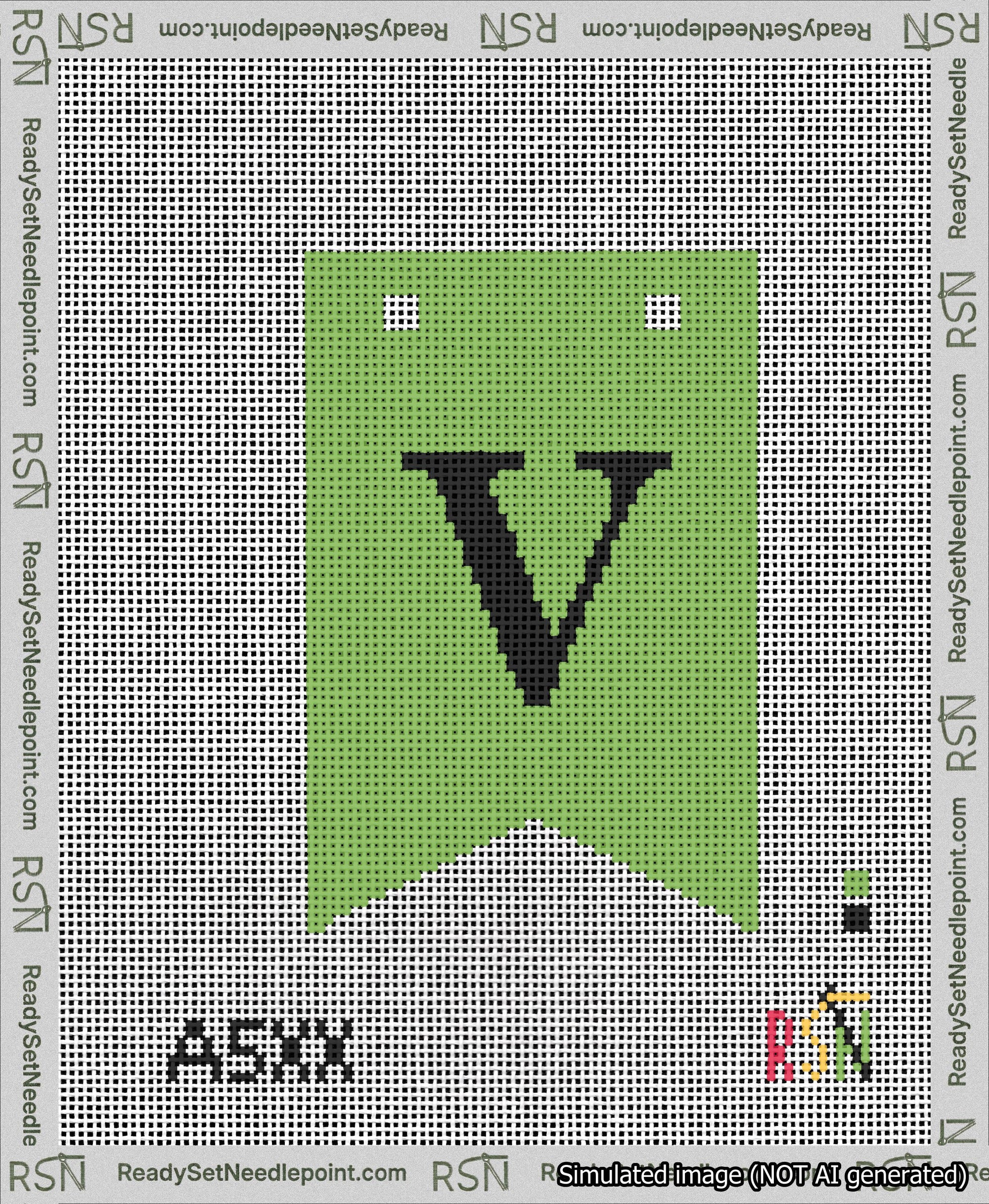 A taped needlepoint canvas with the design: Banner 13 mesh count Forked V Black on Light Green.