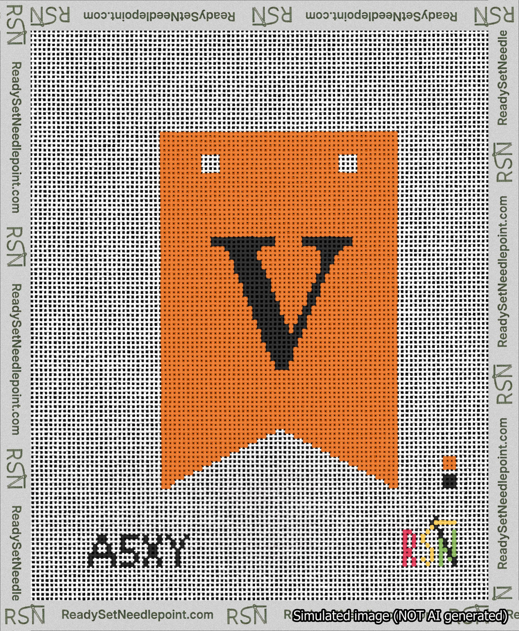 A taped needlepoint canvas with the design: Banner 13 mesh count Forked V Black on Orange.