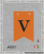 A taped needlepoint canvas with the design: Banner 13 mesh count Forked V Black on Orange.