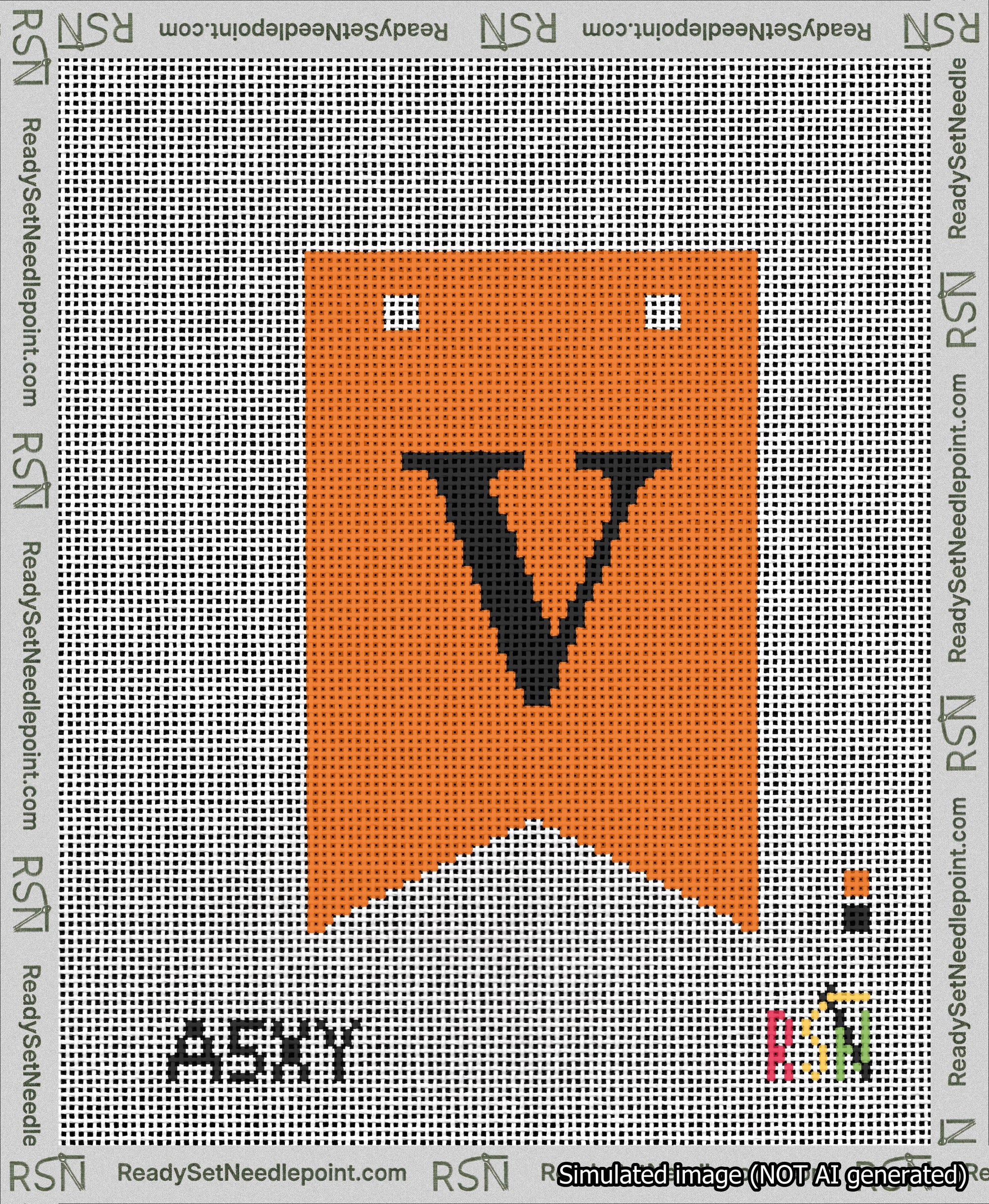 A taped needlepoint canvas with the design: Banner 13 mesh count Forked V Black on Orange.
