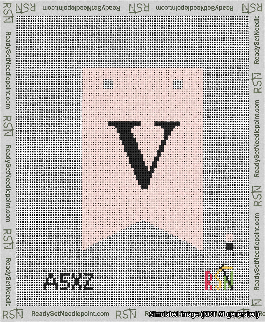 A taped needlepoint canvas with the design: Banner 13 mesh count Forked V Black on Pink.