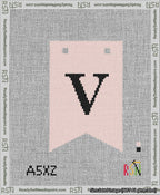 A taped needlepoint canvas with the design: Banner 13 mesh count Forked V Black on Pink.