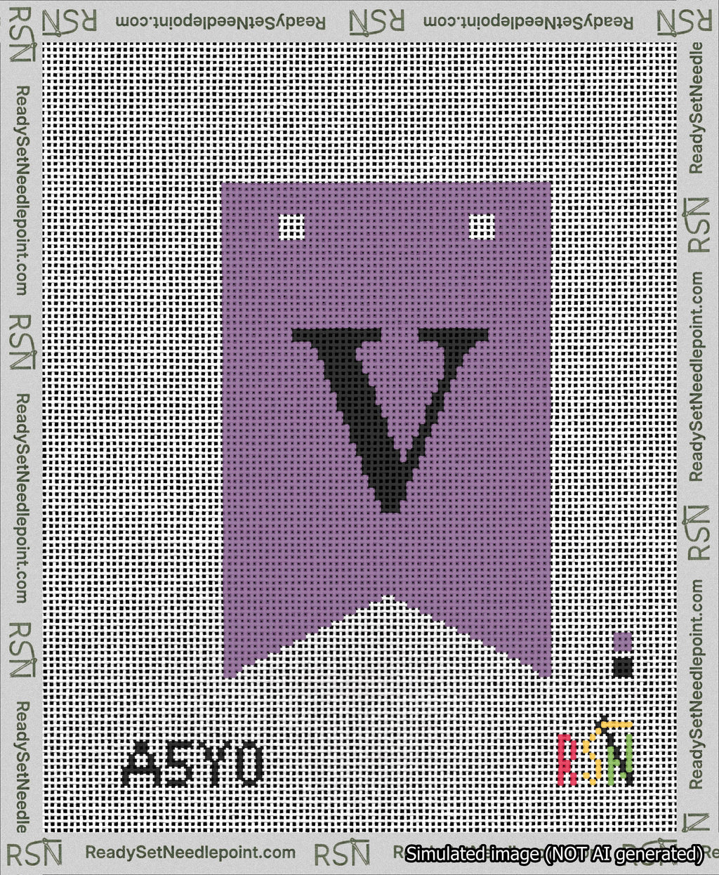 A taped needlepoint canvas with the design: Banner 13 mesh count Forked V Black on Purple.