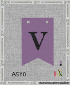 A taped needlepoint canvas with the design: Banner 13 mesh count Forked V Black on Purple.