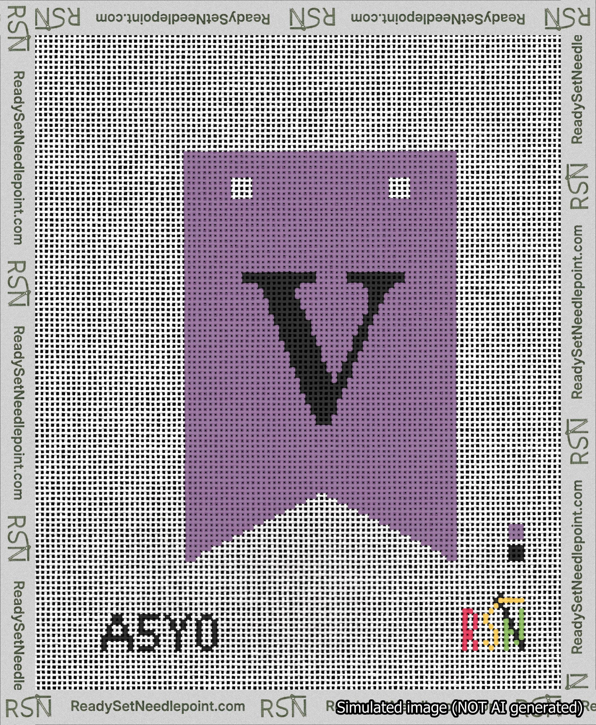 A taped needlepoint canvas with the design: Banner 13 mesh count Forked V Black on Purple.