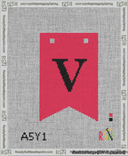 A taped needlepoint canvas with the design: Banner 13 mesh count Forked V Black on Red.