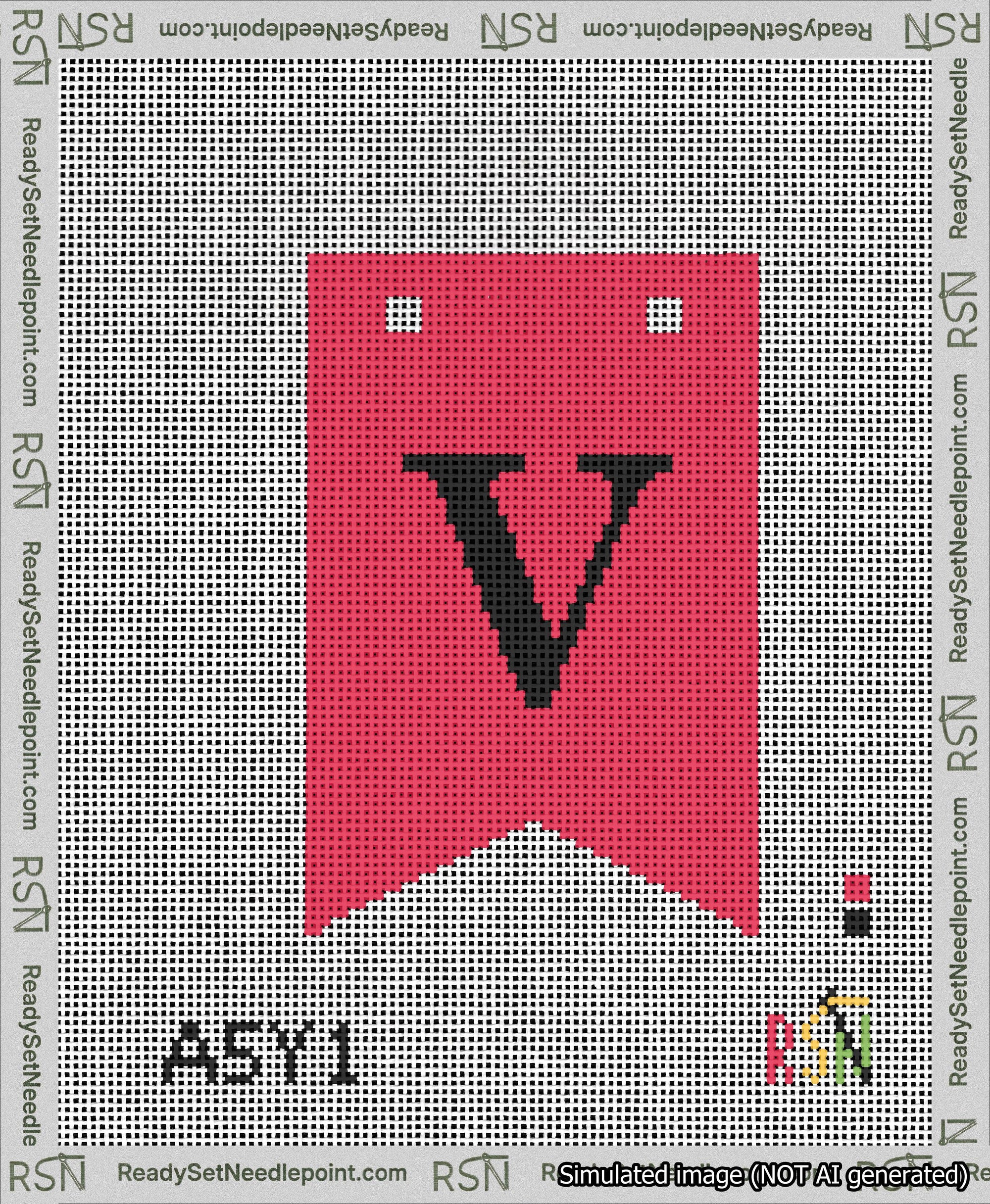 A taped needlepoint canvas with the design: Banner 13 mesh count Forked V Black on Red.