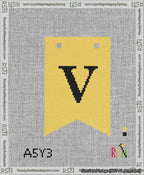 A taped needlepoint canvas with the design: Banner 13 mesh count Forked V Black on Yellow.