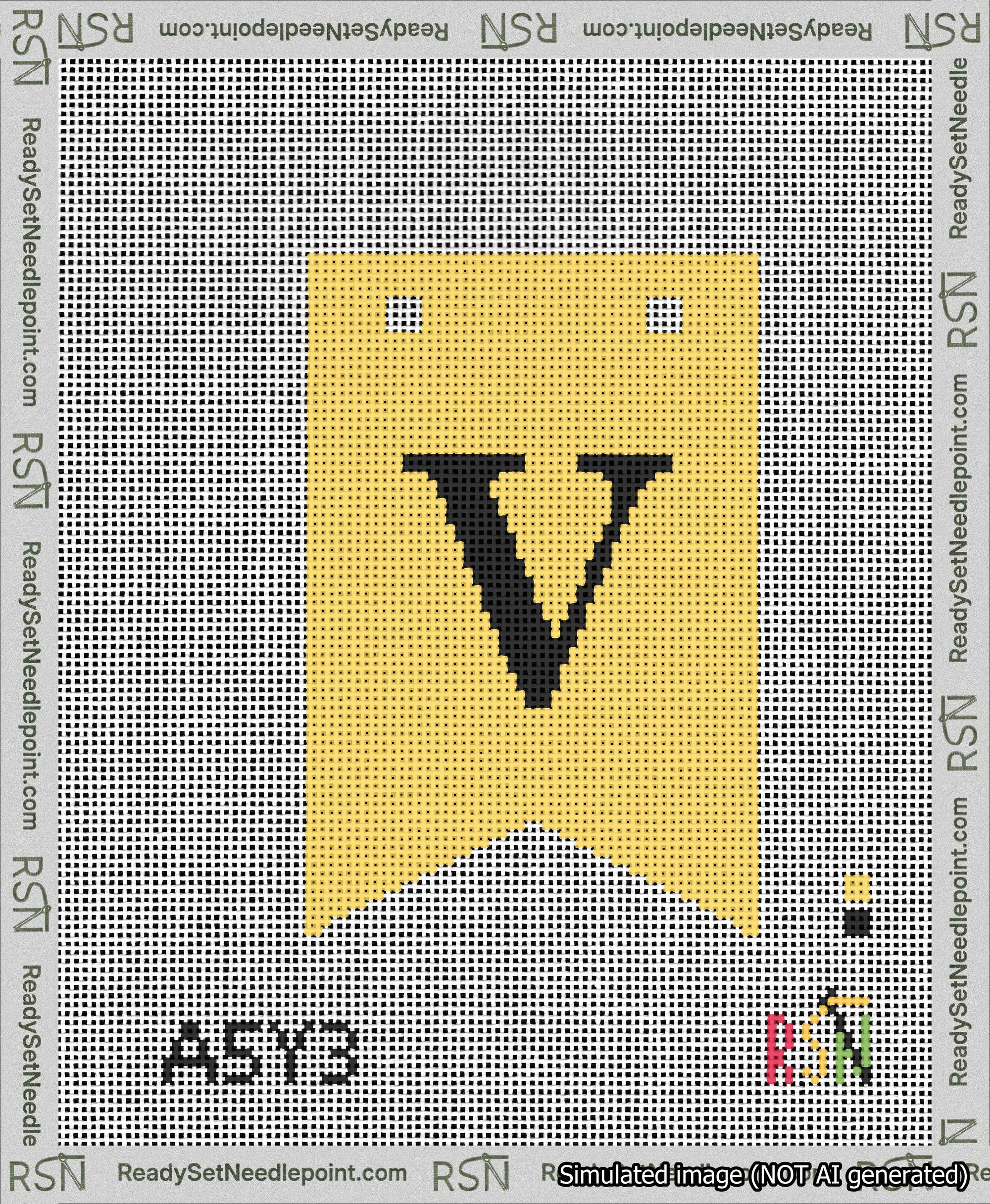 A taped needlepoint canvas with the design: Banner 13 mesh count Forked V Black on Yellow.