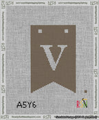 A taped needlepoint canvas with the design: Banner 13 mesh count Forked V White on Brown.