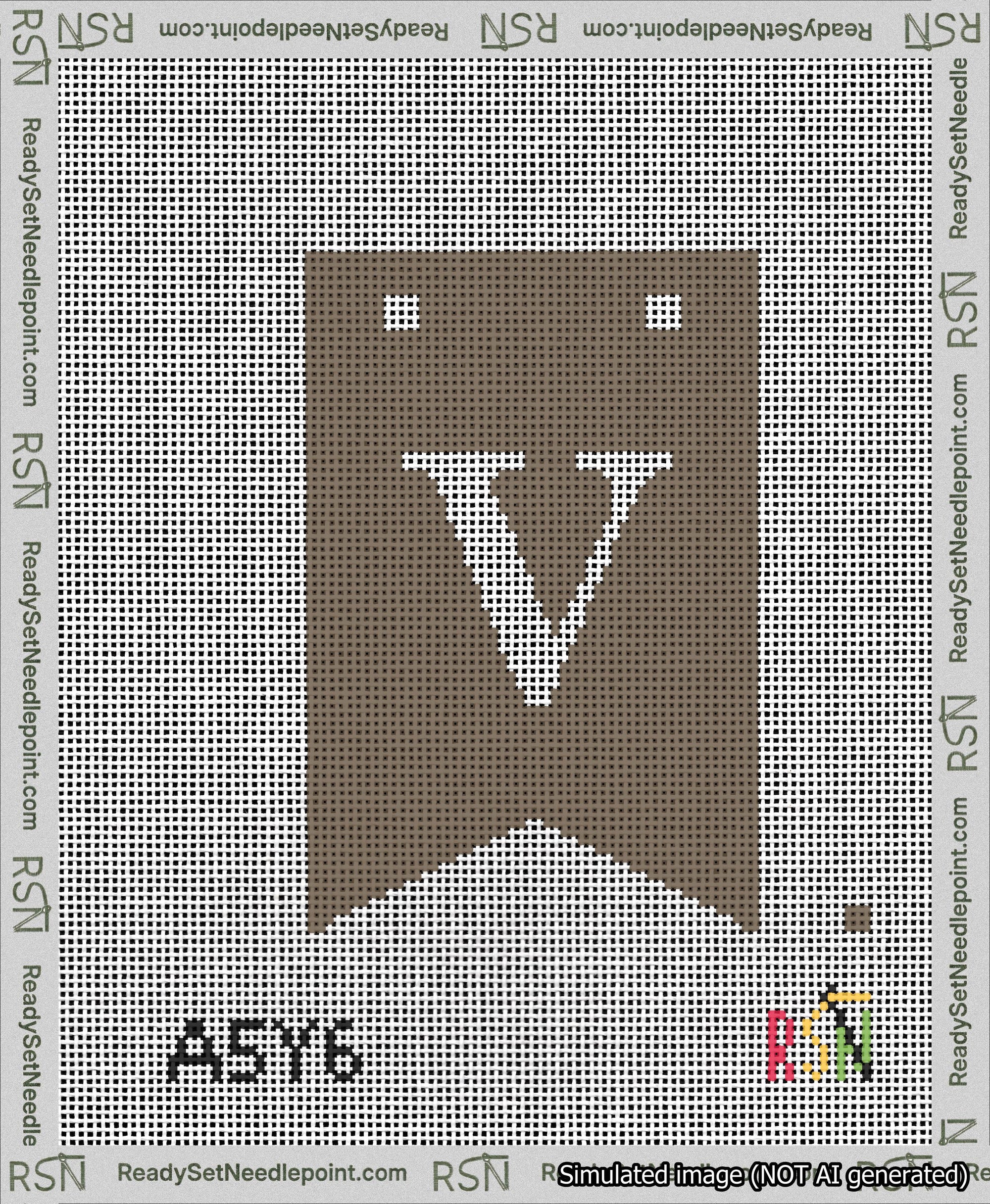 A taped needlepoint canvas with the design: Banner 13 mesh count Forked V White on Brown.
