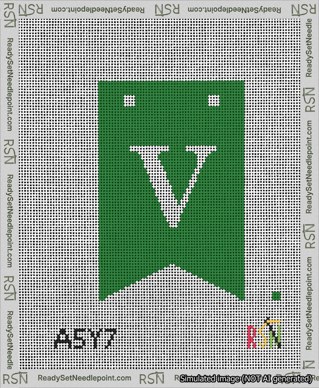 A taped needlepoint canvas with the design: Banner 13 mesh count Forked V White on Green.