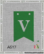 A taped needlepoint canvas with the design: Banner 13 mesh count Forked V White on Green.