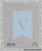 A taped needlepoint canvas with the design: Banner 13 mesh count Forked V White on Light Blue.