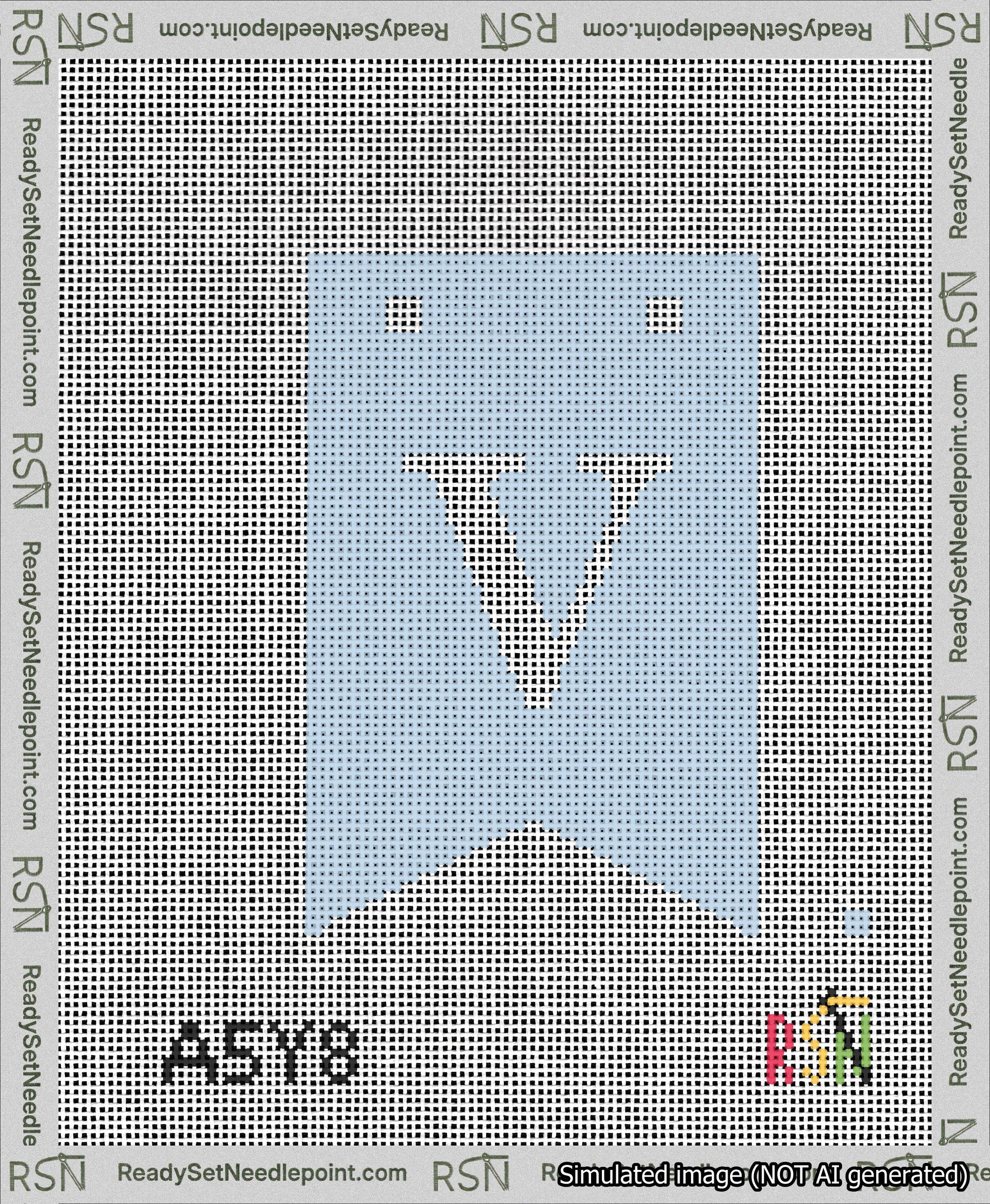 A taped needlepoint canvas with the design: Banner 13 mesh count Forked V White on Light Blue.