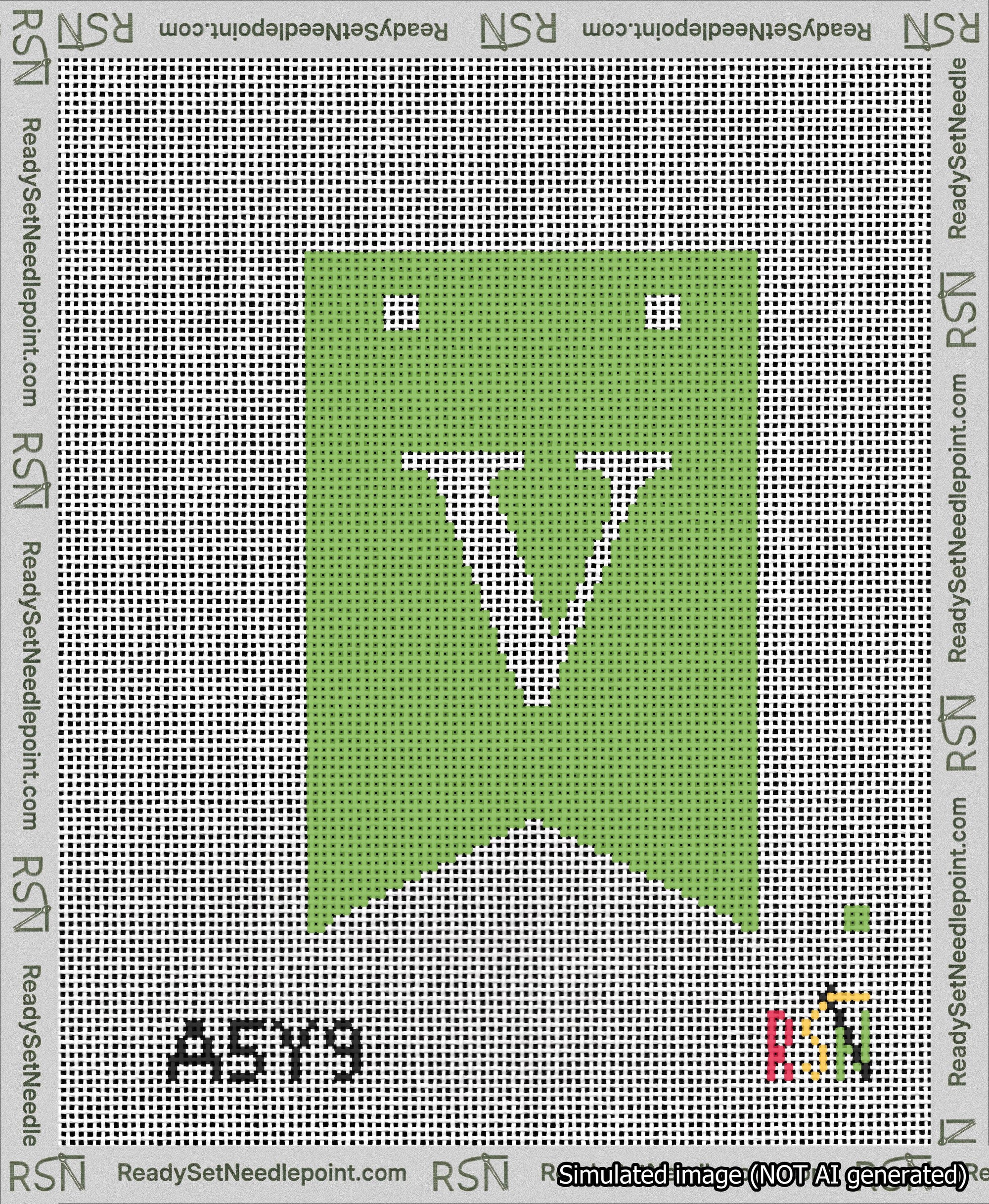 A taped needlepoint canvas with the design: Banner 13 mesh count Forked V White on Light Green.