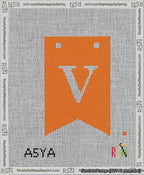 A taped needlepoint canvas with the design: Banner 13 mesh count Forked V White on Orange.