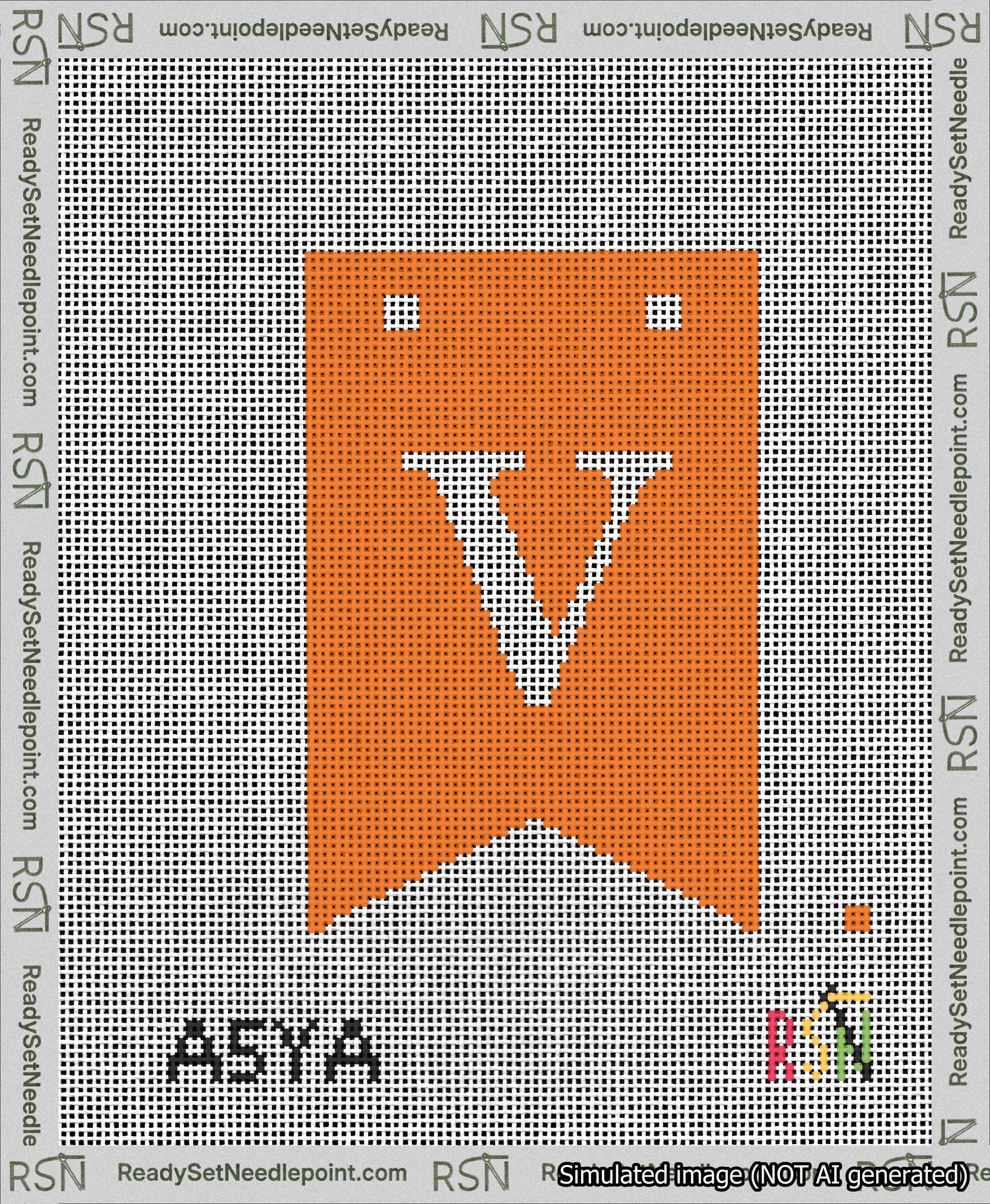 A taped needlepoint canvas with the design: Banner 13 mesh count Forked V White on Orange.