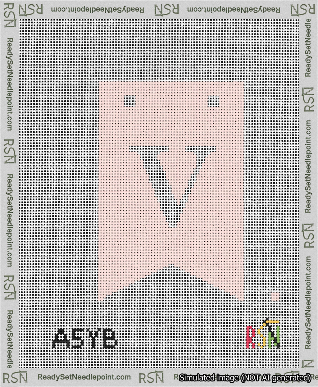 A taped needlepoint canvas with the design: Banner 13 mesh count Forked V White on Pink.