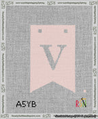 A taped needlepoint canvas with the design: Banner 13 mesh count Forked V White on Pink.