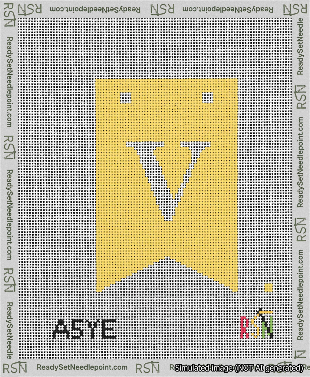 A taped needlepoint canvas with the design: Banner 13 mesh count Forked V White on Yellow.