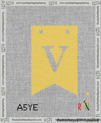 A taped needlepoint canvas with the design: Banner 13 mesh count Forked V White on Yellow.