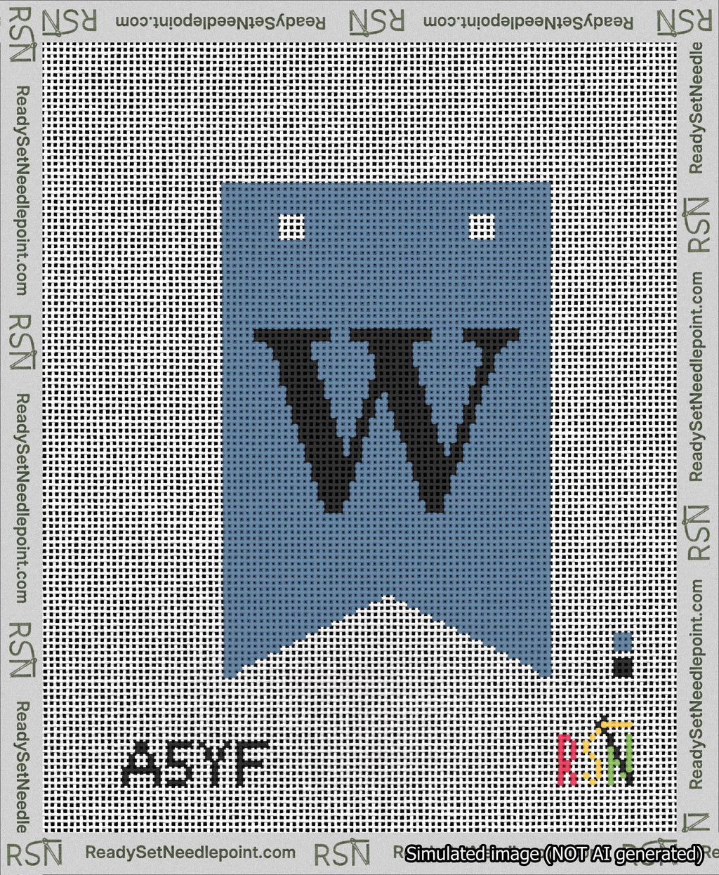 A taped needlepoint canvas with the design: Banner 13 mesh count Forked W Black on Blue.