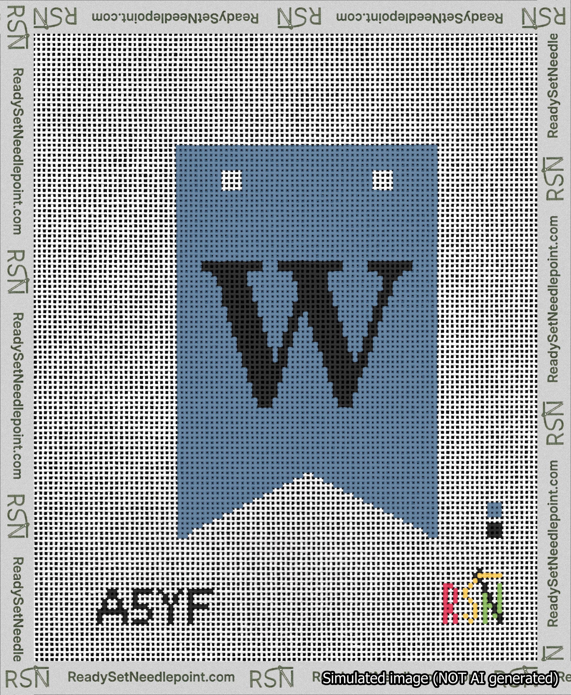 A taped needlepoint canvas with the design: Banner 13 mesh count Forked W Black on Blue.