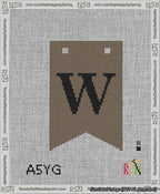 A taped needlepoint canvas with the design: Banner 13 mesh count Forked W Black on Brown.