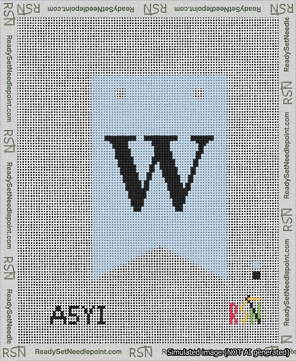 A taped needlepoint canvas with the design: Banner 13 mesh count Forked W Black on Light Blue.