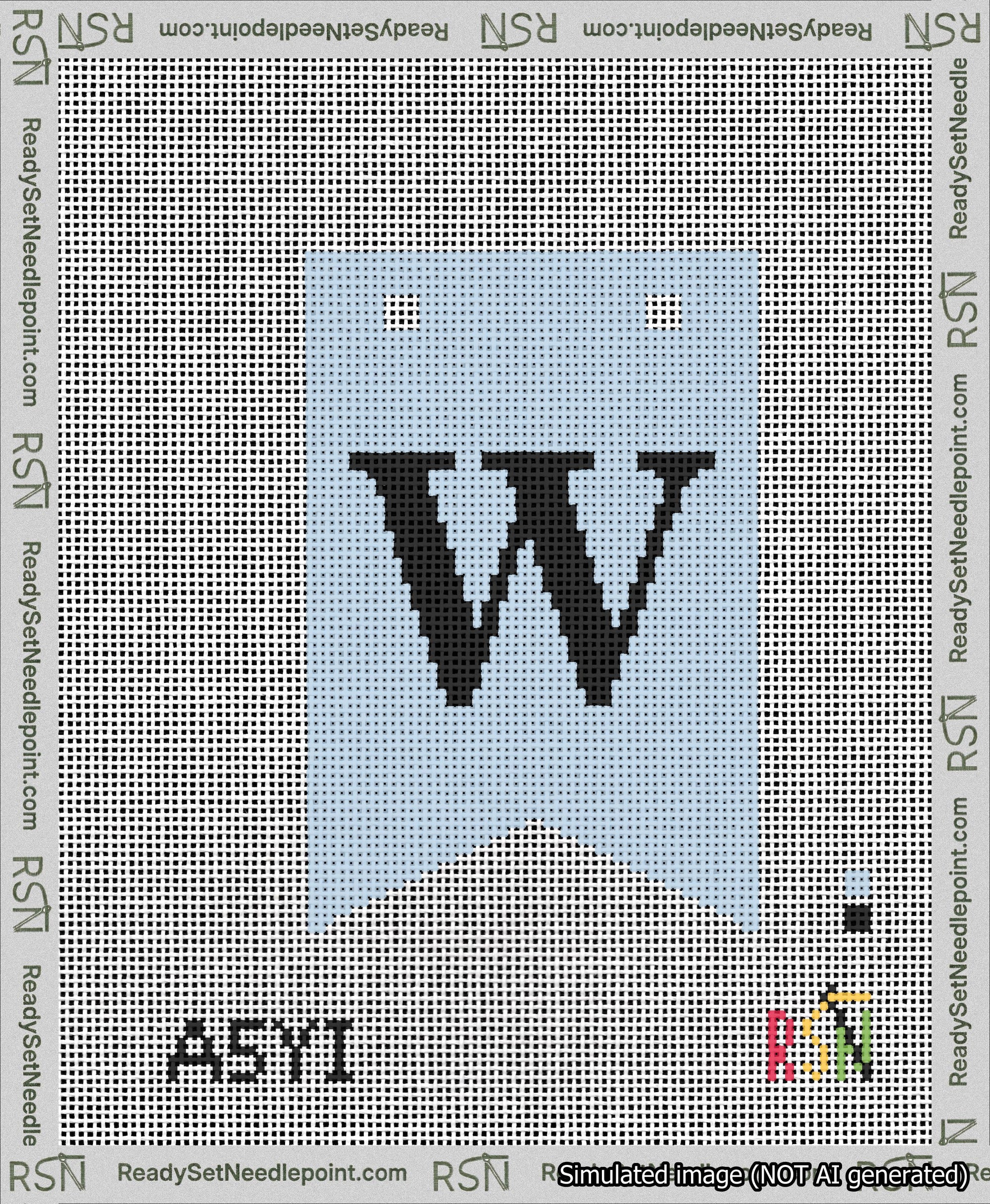 A taped needlepoint canvas with the design: Banner 13 mesh count Forked W Black on Light Blue.