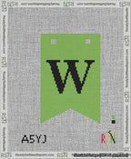 A taped needlepoint canvas with the design: Banner 13 mesh count Forked W Black on Light Green.