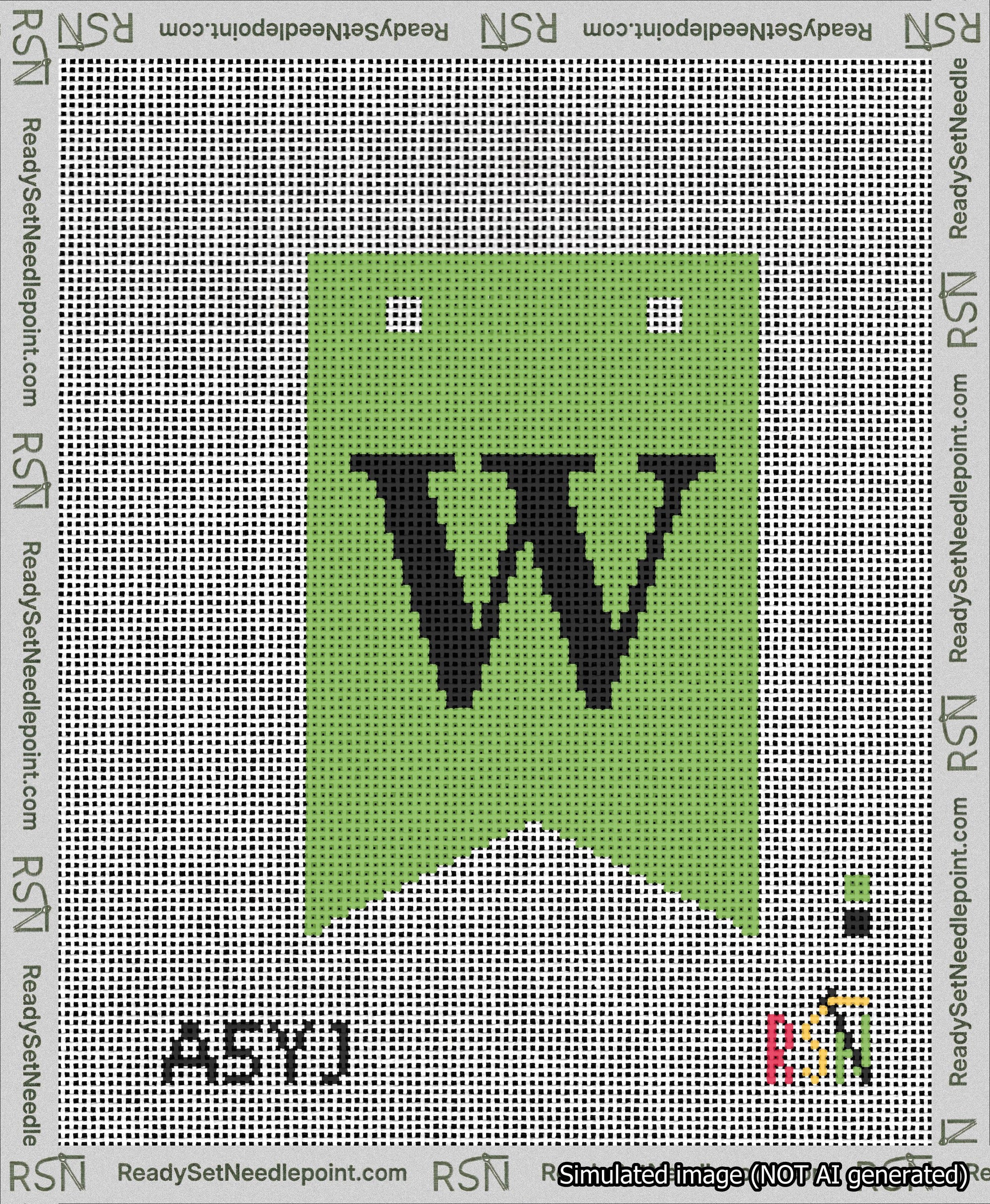 A taped needlepoint canvas with the design: Banner 13 mesh count Forked W Black on Light Green.