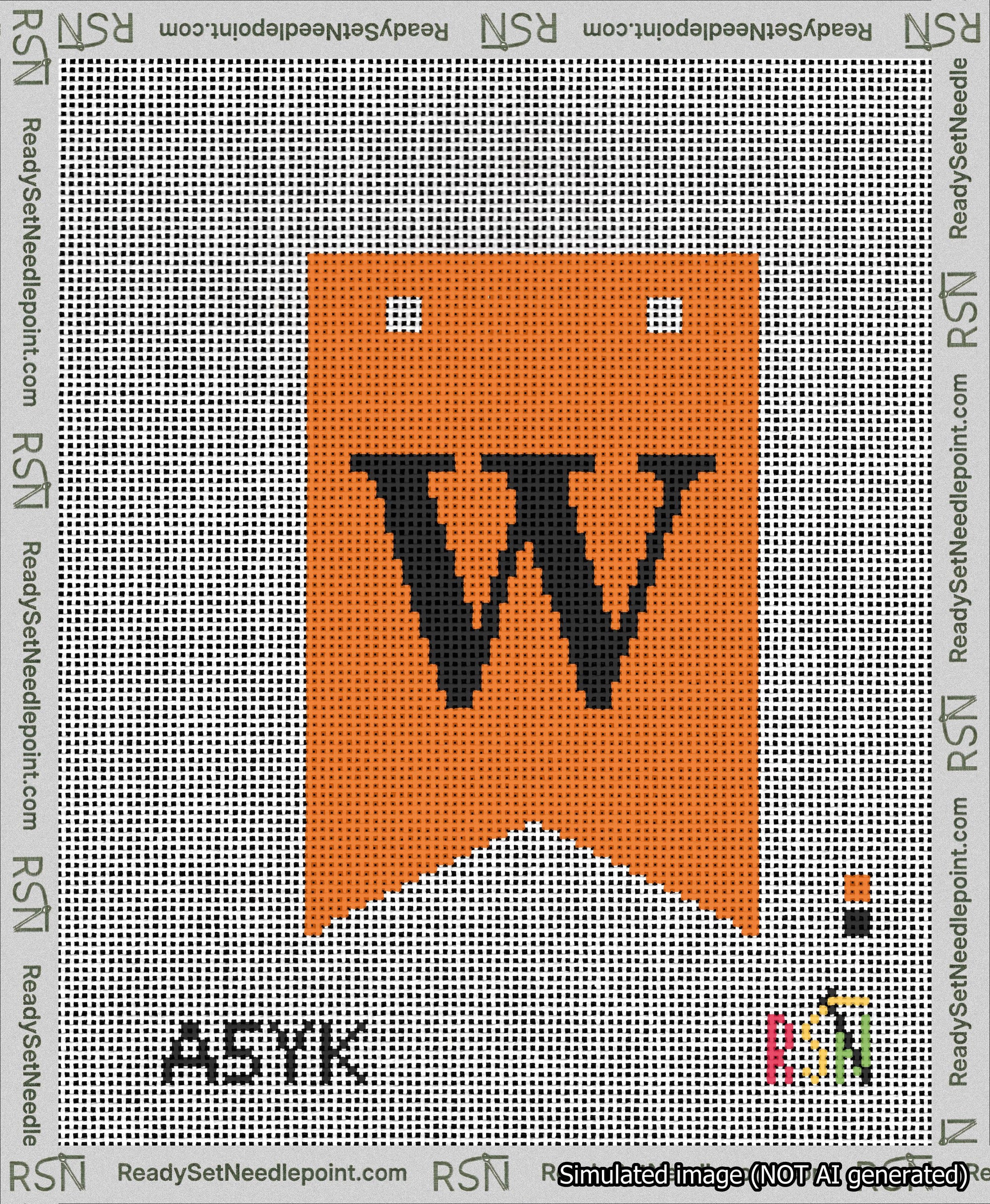 A taped needlepoint canvas with the design: Banner 13 mesh count Forked W Black on Orange.