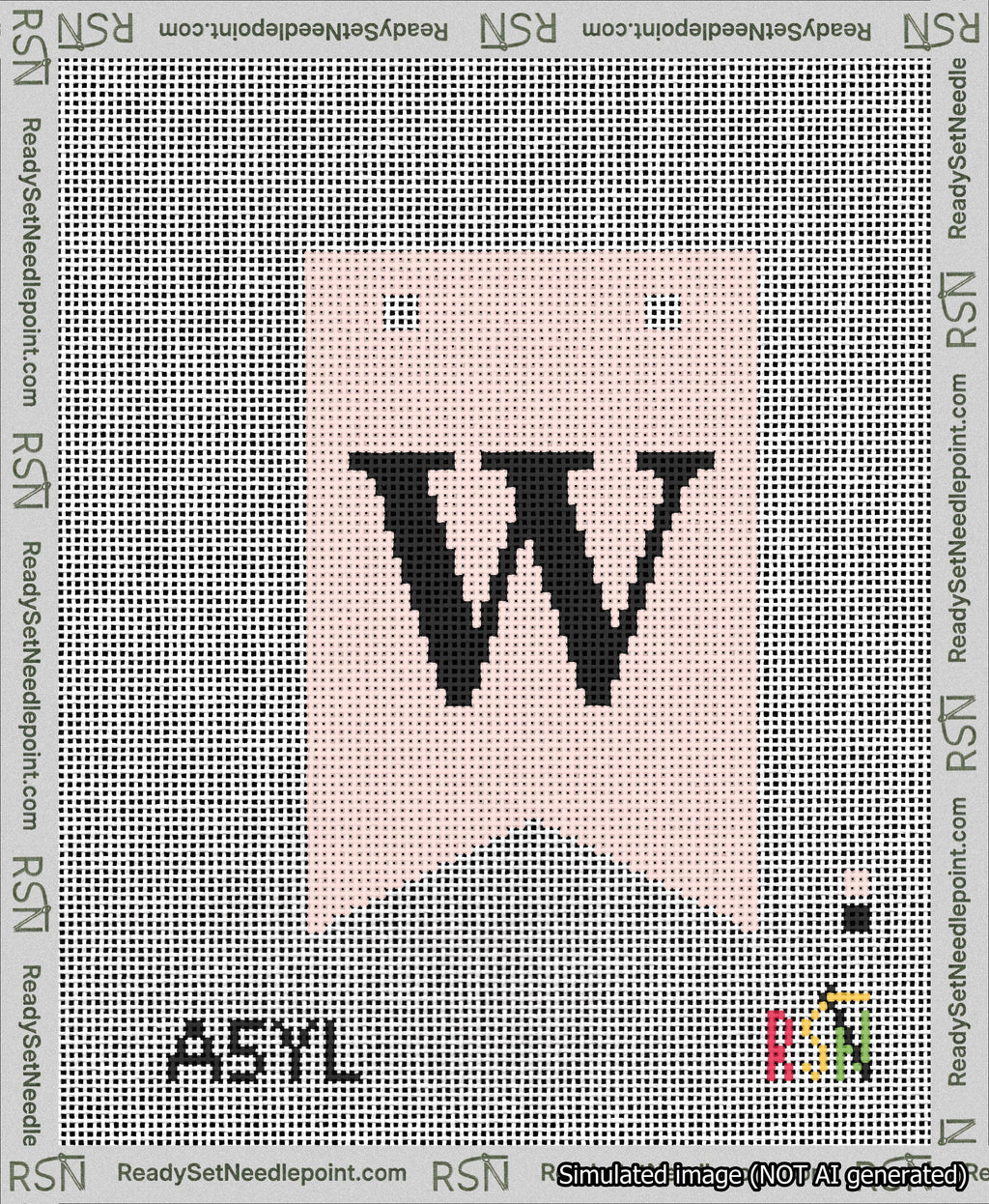 A taped needlepoint canvas with the design: Banner 13 mesh count Forked W Black on Pink.