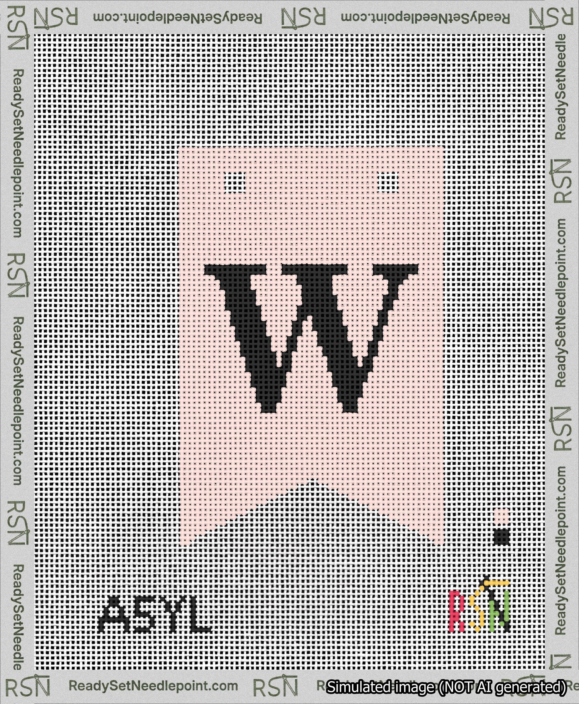 A taped needlepoint canvas with the design: Banner 13 mesh count Forked W Black on Pink.