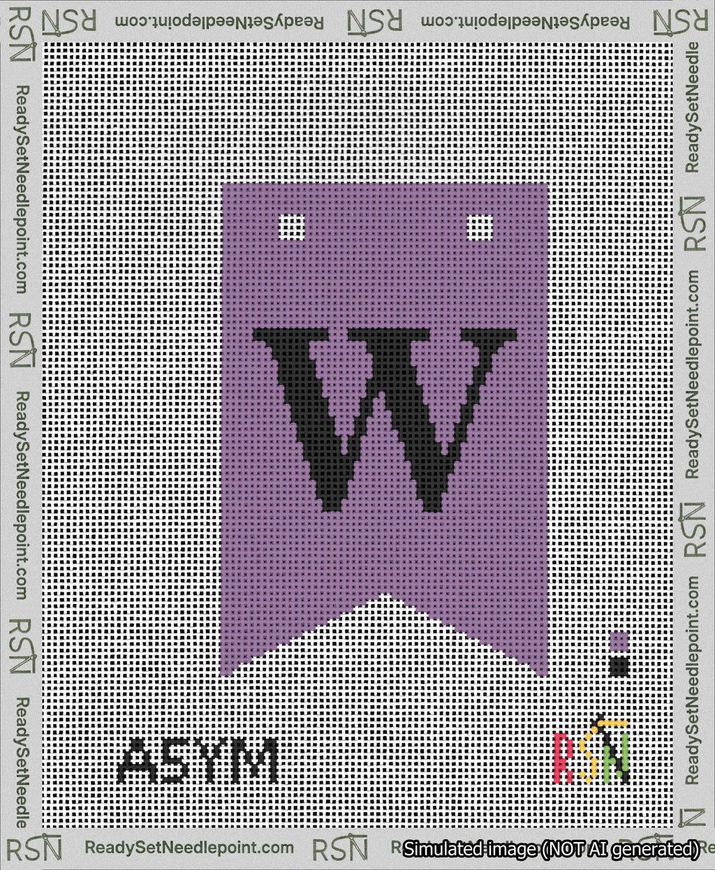 A taped needlepoint canvas with the design: Banner 13 mesh count Forked W Black on Purple.