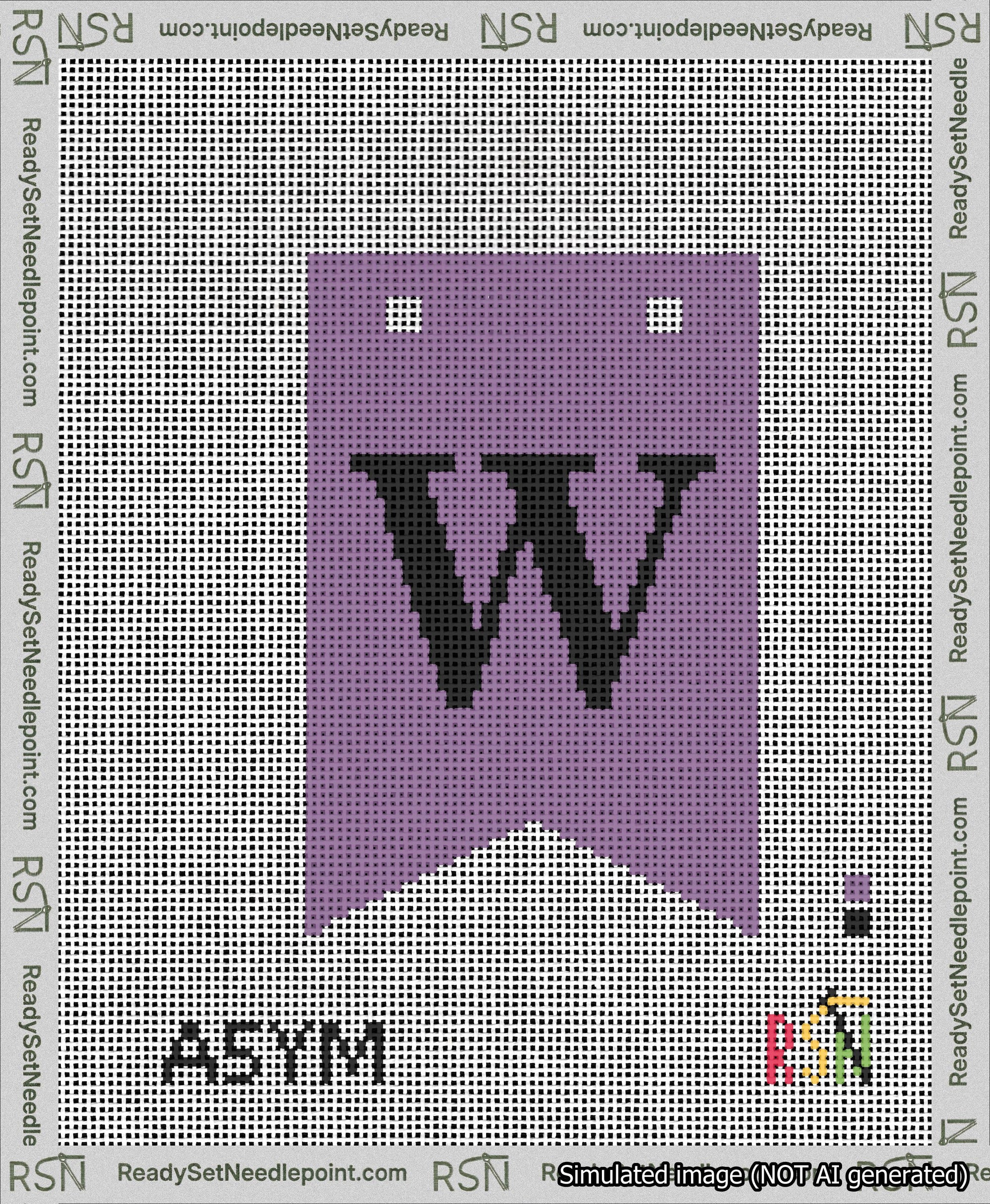 A taped needlepoint canvas with the design: Banner 13 mesh count Forked W Black on Purple.