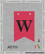 A taped needlepoint canvas with the design: Banner 13 mesh count Forked W Black on Red.