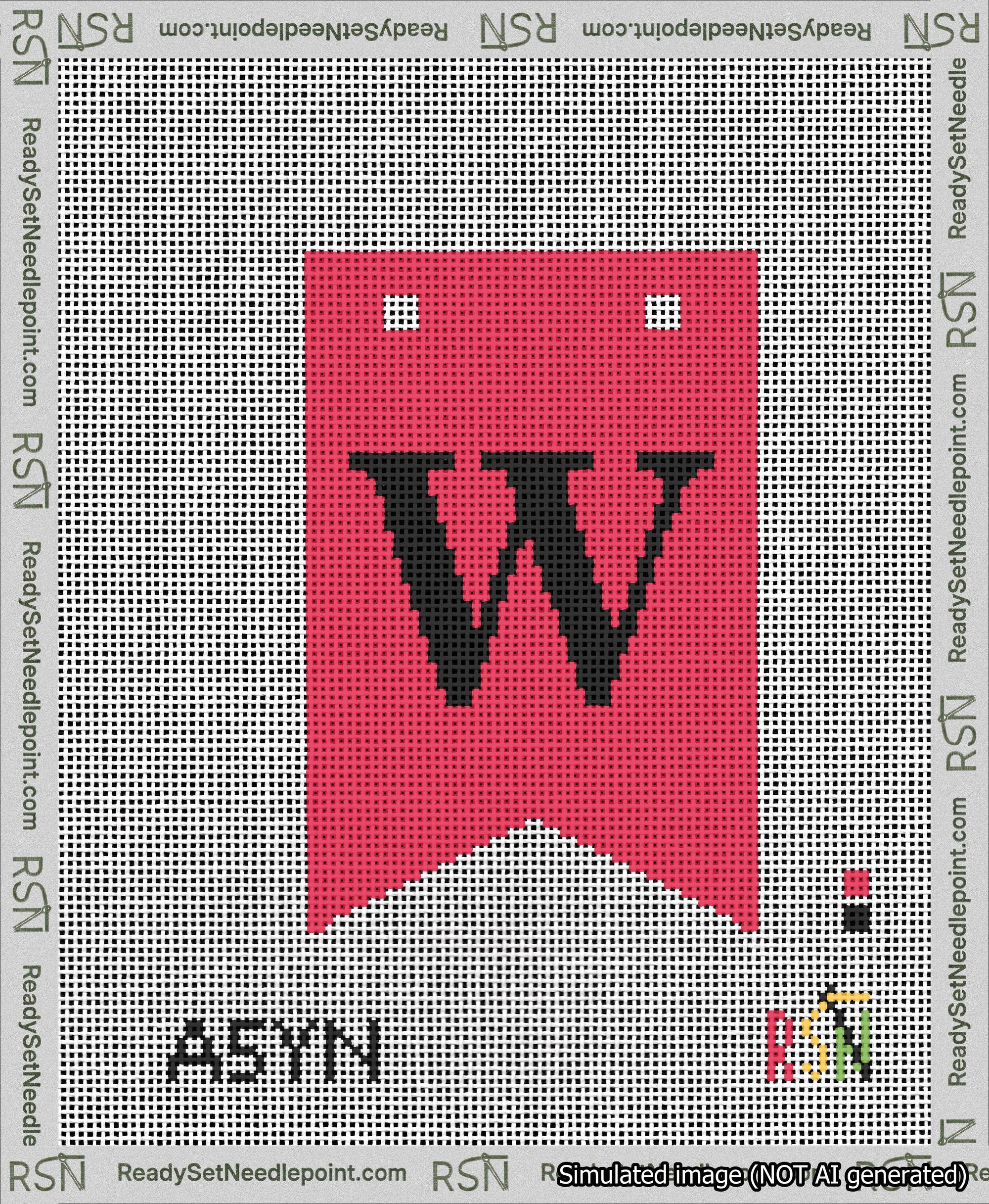 A taped needlepoint canvas with the design: Banner 13 mesh count Forked W Black on Red.