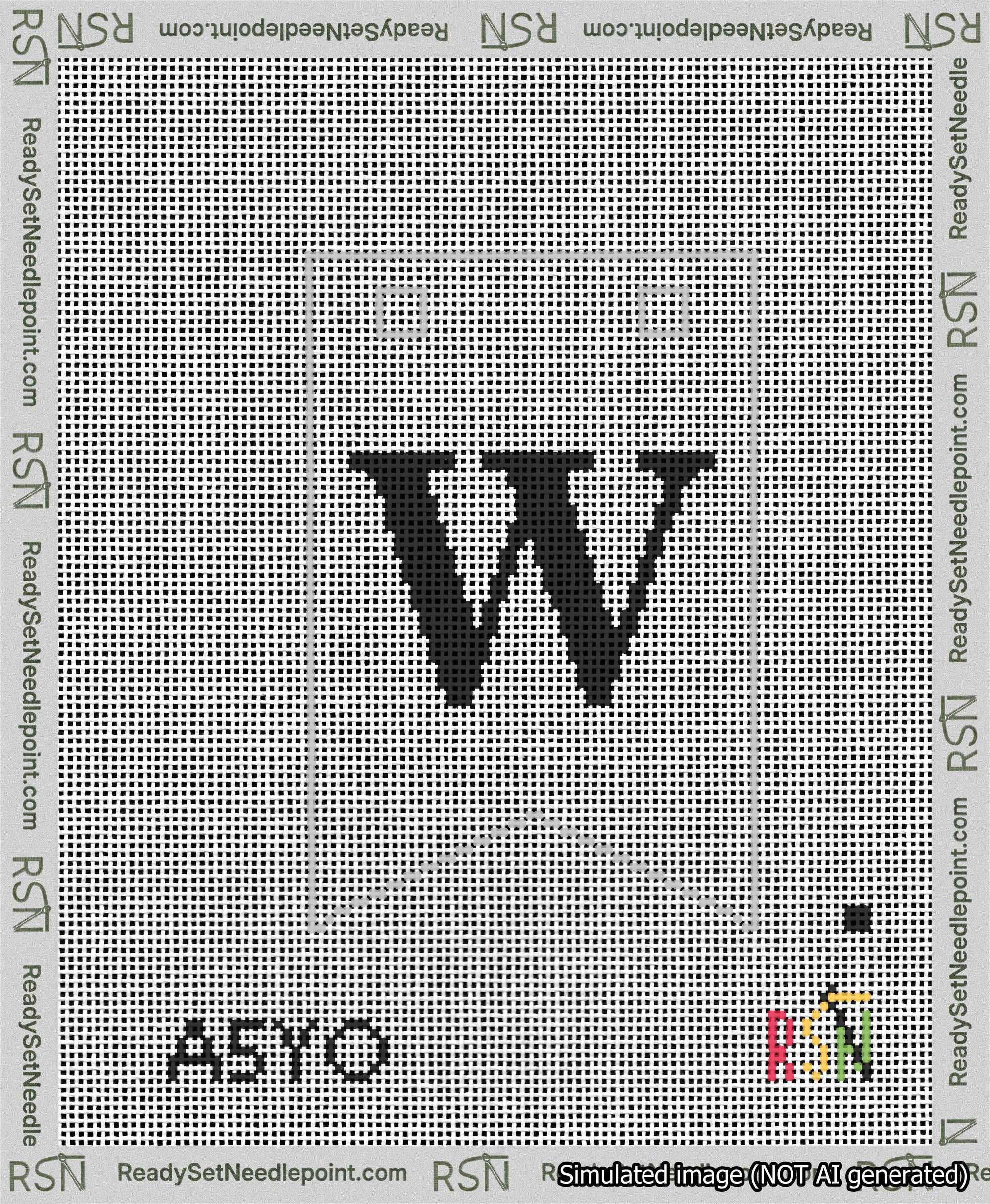 A taped needlepoint canvas with the design: Banner 13 mesh count Forked W Black on White.