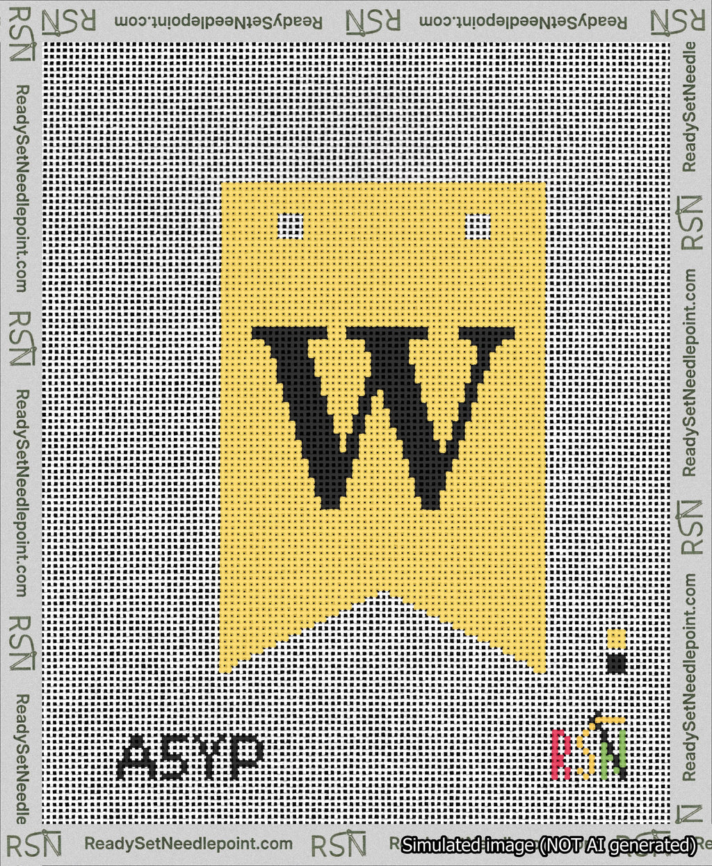 A taped needlepoint canvas with the design: Banner 13 mesh count Forked W Black on Yellow.