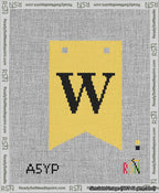 A taped needlepoint canvas with the design: Banner 13 mesh count Forked W Black on Yellow.