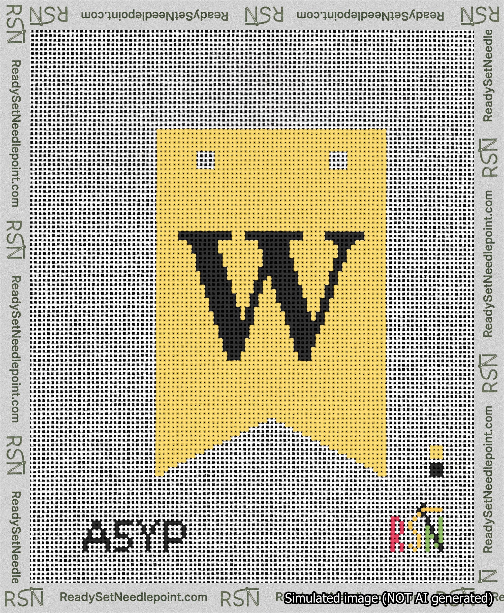 A taped needlepoint canvas with the design: Banner 13 mesh count Forked W Black on Yellow.