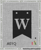 A taped needlepoint canvas with the design: Banner 13 mesh count Forked W White on Black.